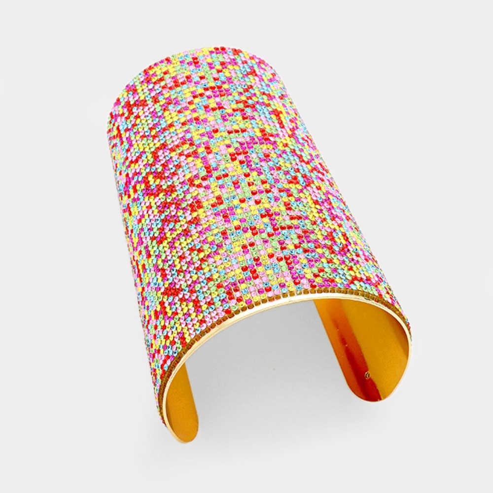 Multi Rainbow Wide Rhinestone Cuff Bracelet